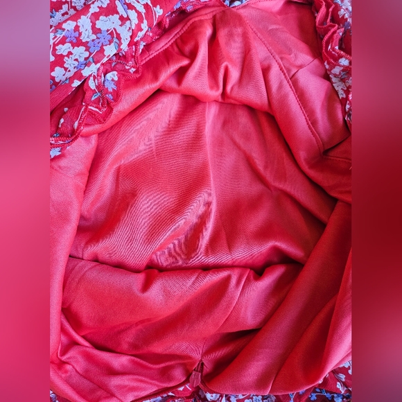 Red Floral Ruffle Open Back Dress M Medium Long Balloon Poof Sleeve - Picture 2 of 11